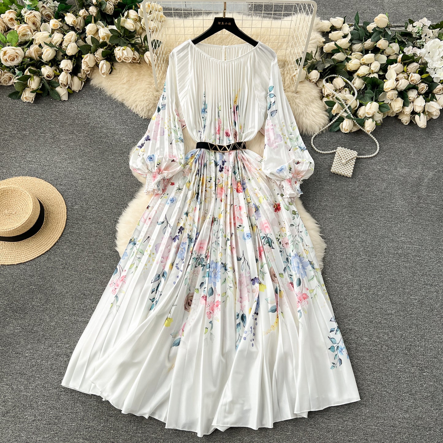 European and American style 2025 new dress printed pleated pleated waist tie holiday long skirt R2337