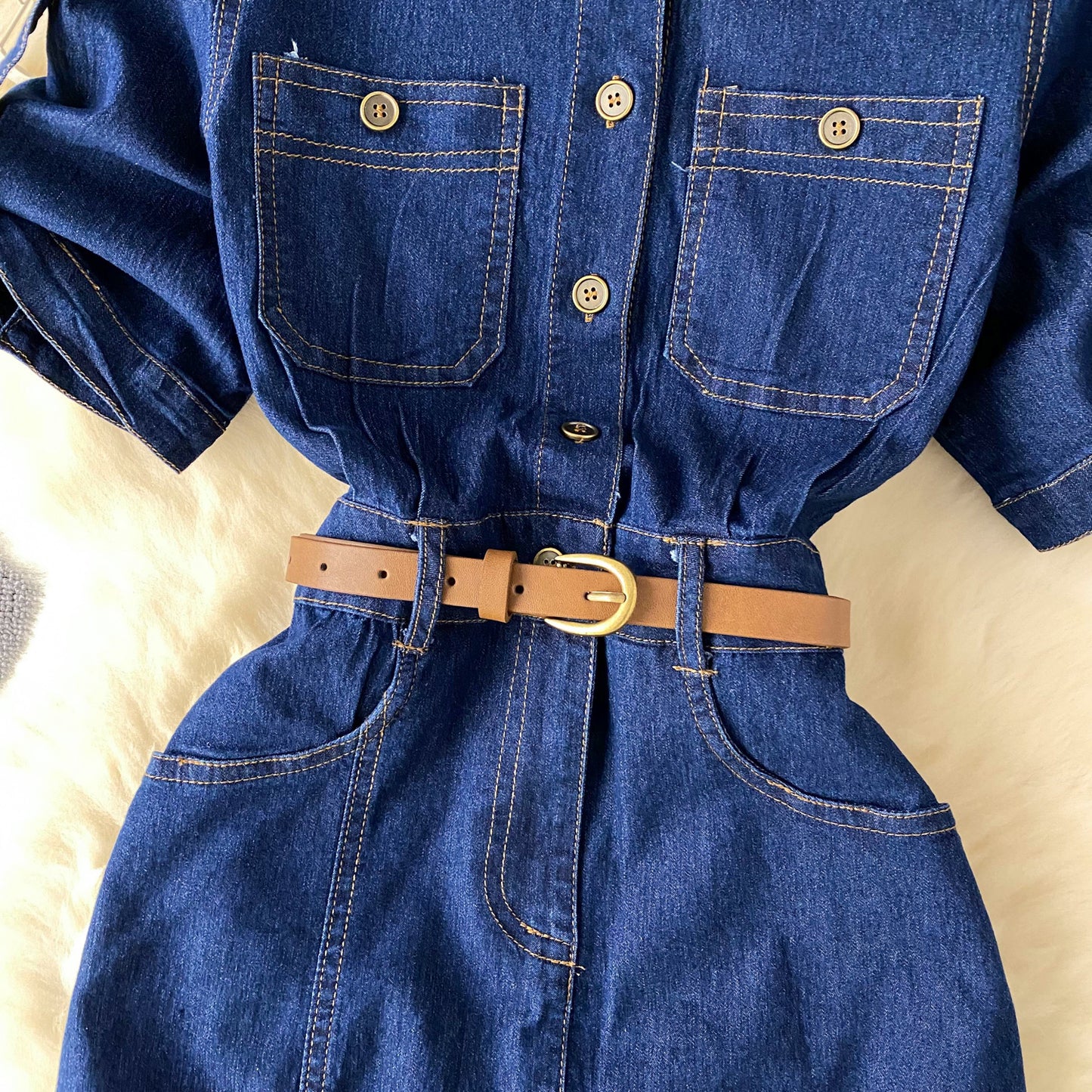 Light luxury high-end Polo collar denim dress split waist belt design niche long skirt R2333