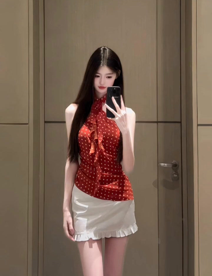 Beautiful outfit set Beautiful red polka dot halter neck vest short skirt two-piece set R0802