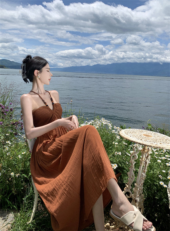 Travel wear retro beaded halter neck knitted dress seaside holiday beach dress R1593