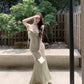 French satin sling collar fishtail suspender dress slim fit temperament dress long skirt R1805
