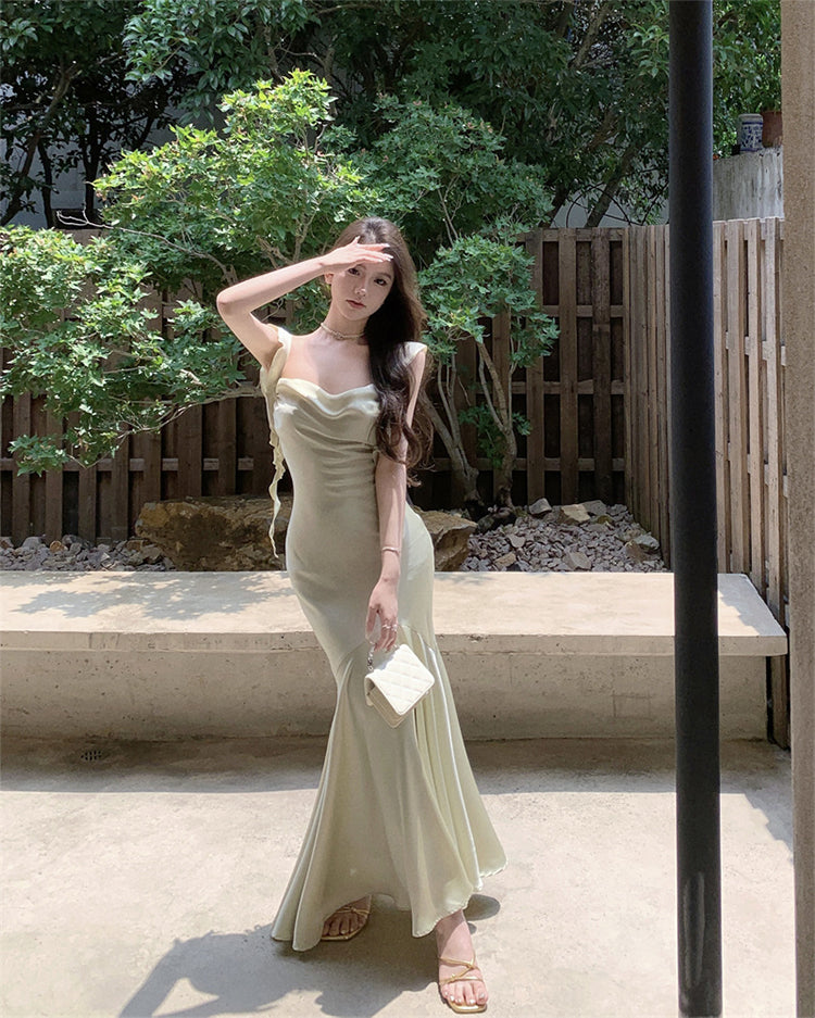 French satin sling collar fishtail suspender dress slim fit temperament dress long skirt R1805