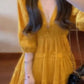 Yellow v-neck dress new style seaside holiday temperament waist a-line skirt R0678
