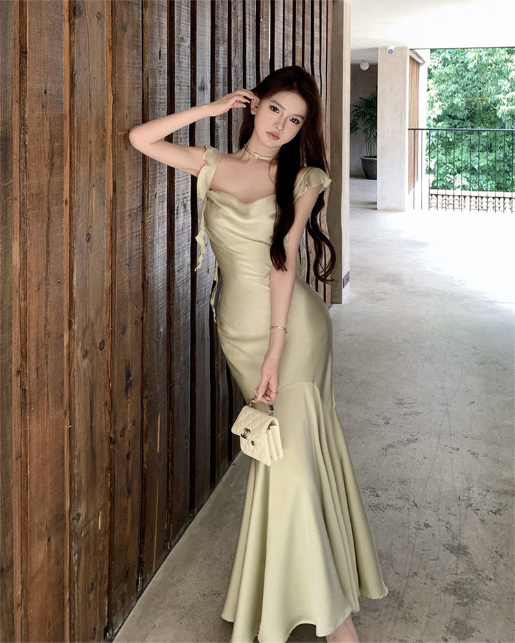 French satin sling collar fishtail suspender dress slim fit temperament dress long skirt R1805