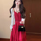 Retro red suspender dress holiday style temperament waist A-line long skirt R0682