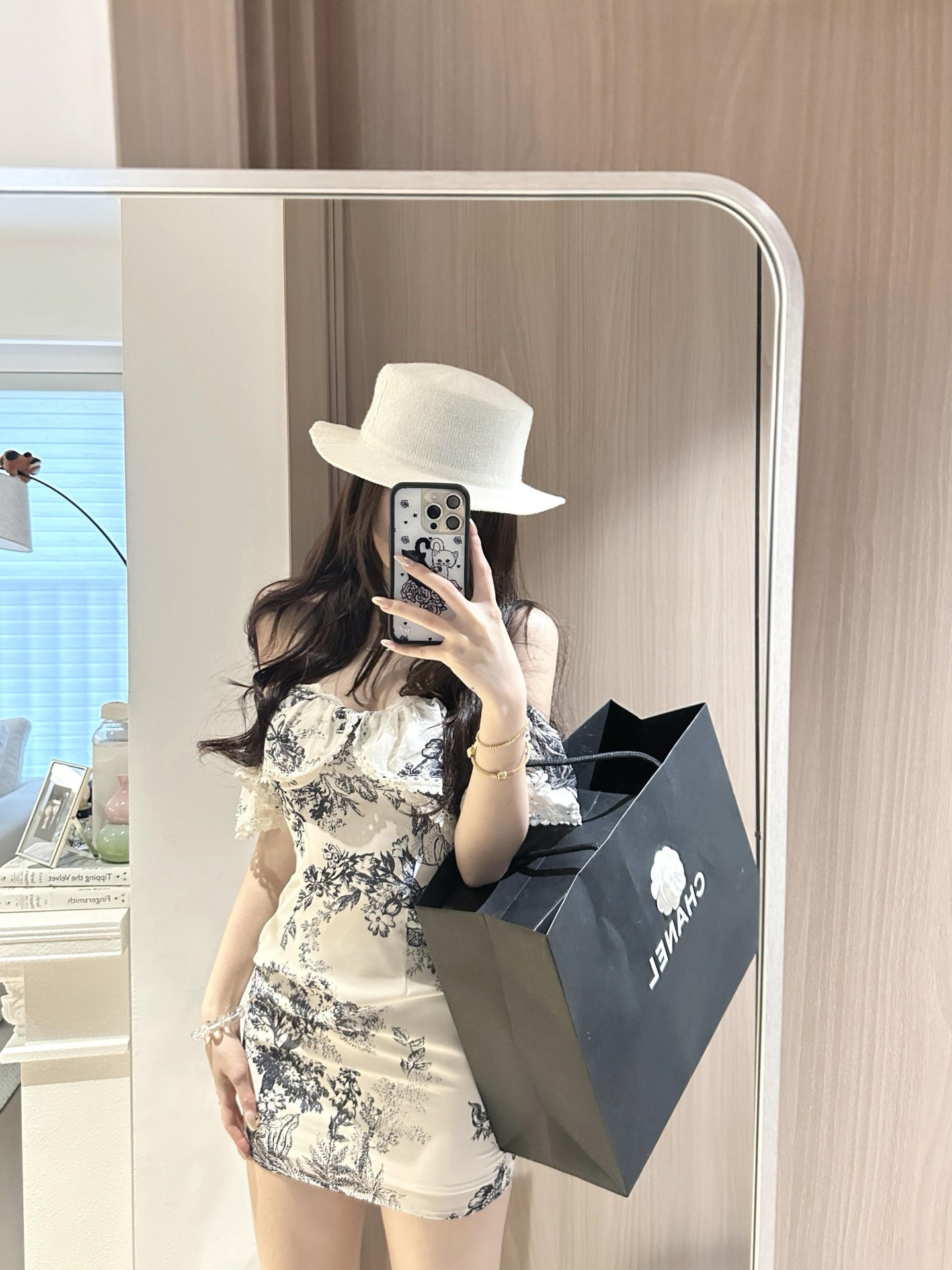 French retro floral one-shoulder dress feminine waist slimming hip short skirt R3593