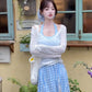 Women's suit beautiful long-sleeved T-shirt blue halter neck vest skirt three-piece suit R0695
