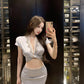 A blue V-neck short-sleeved top and skirt with a sense of luxury R0841