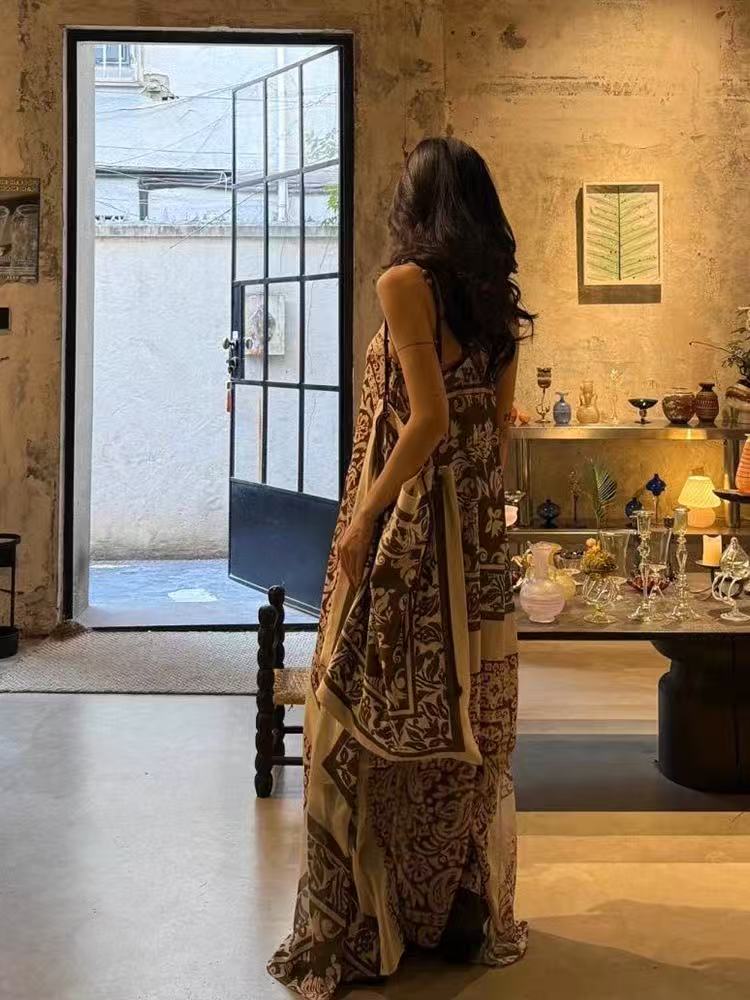 Travel wear seaside vacation retro print halter dress bohemian loose beach dress R1609