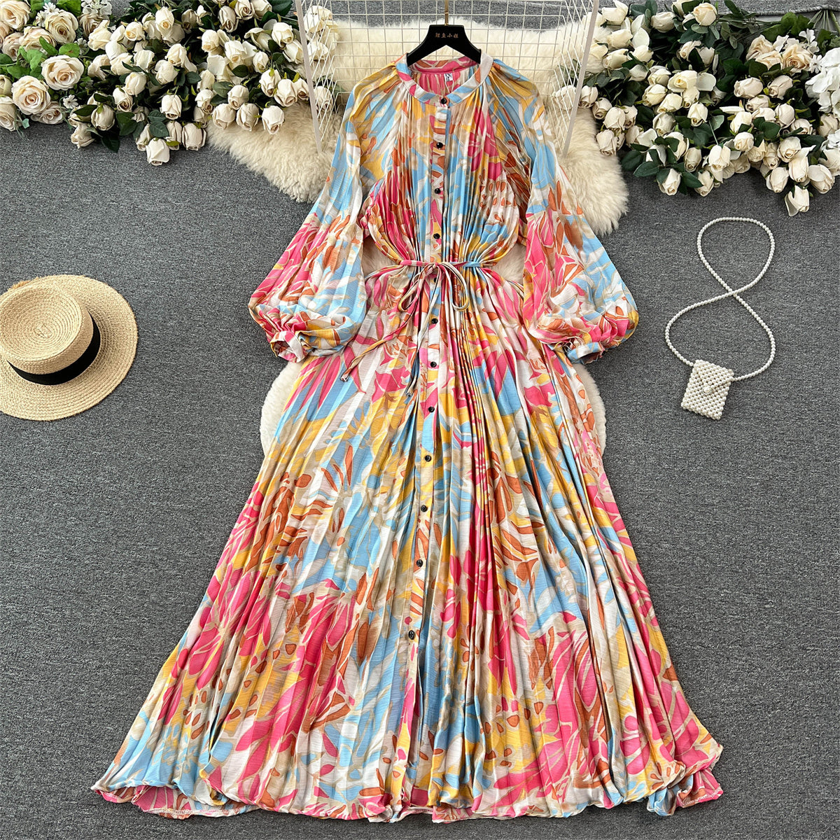 High-end temperament round neck lantern long sleeve waist slimming printed pleated dress R2302