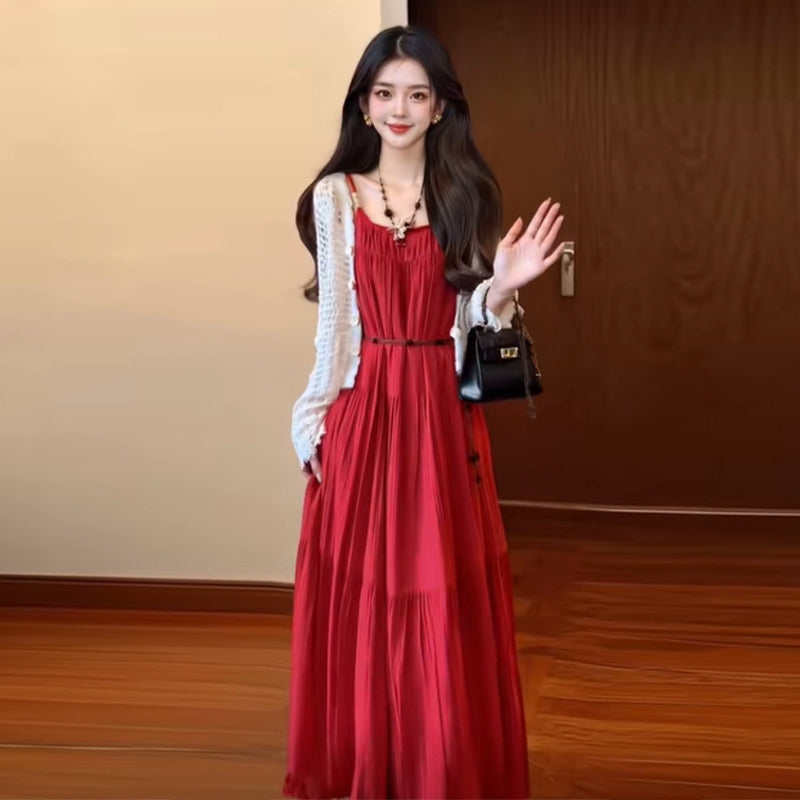 Retro red suspender dress holiday style temperament waist A-line long skirt R0682