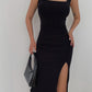 Super temperament square collar slit skirt sexy slim waist S-shaped hot girl figure hip dress R3026