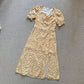 New French style sweet or salty square collar slit yellow floral dress women's summer long skirt R3091