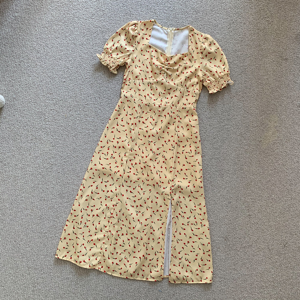 New French style sweet or salty square collar slit yellow floral dress women's summer long skirt R3091