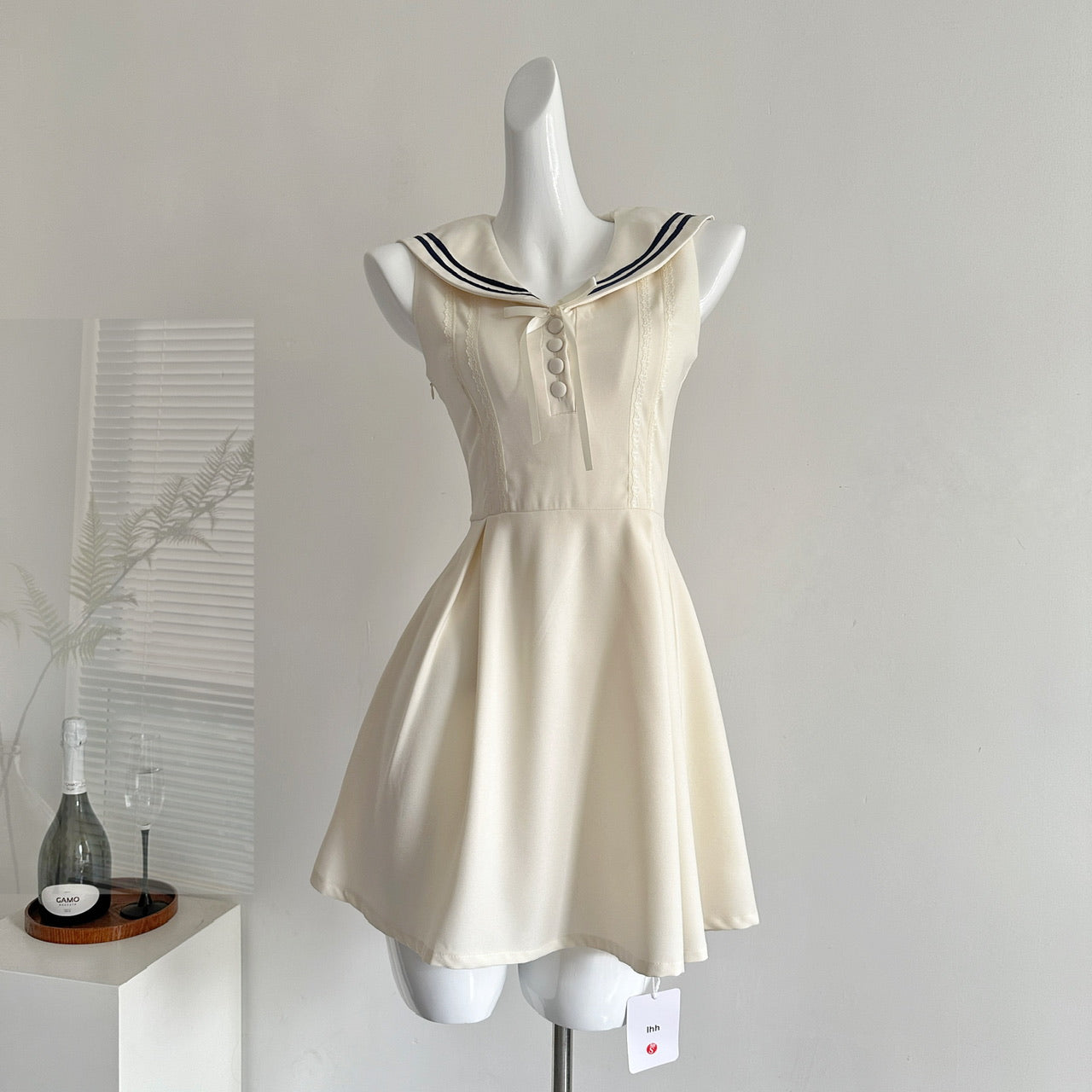 Navy Collar Cotton Ruffle Sleeveless Dress R2044