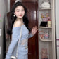 Summer beautiful vacation gentle style blue one shoulder top a line skirt two piece set R0898