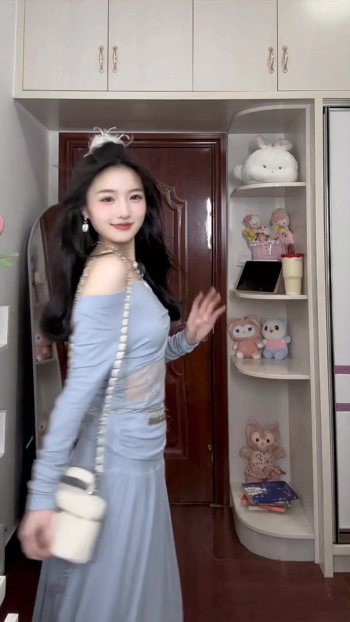 Summer beautiful vacation gentle style blue one shoulder top a line skirt two piece set R0898