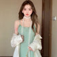 Green suspender dress holiday waist a-line short skirt beautiful skirt R0899
