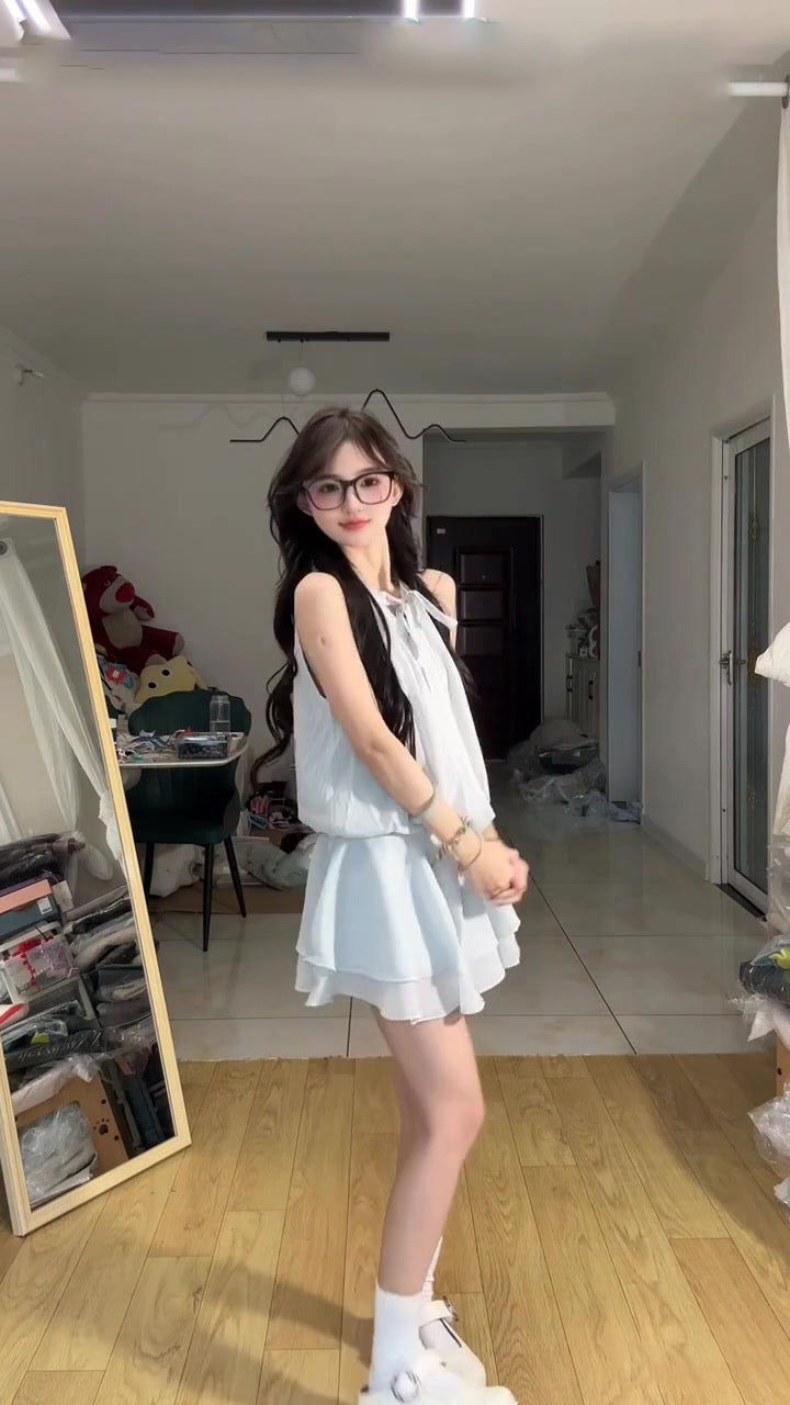 Blue halter dress gentle temperament waist a-line short skirt summer skirt R0836