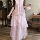 Beach Vacation Pink Chiffon Halter Neck Vest Skirt Two-piece Set R0508