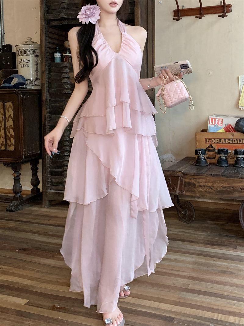 Beach Vacation Pink Chiffon Halter Neck Vest Skirt Two-piece Set R0508