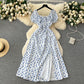 Retro romantic floral dress summer puff sleeves slit design niche chic beautiful long skirt R2248