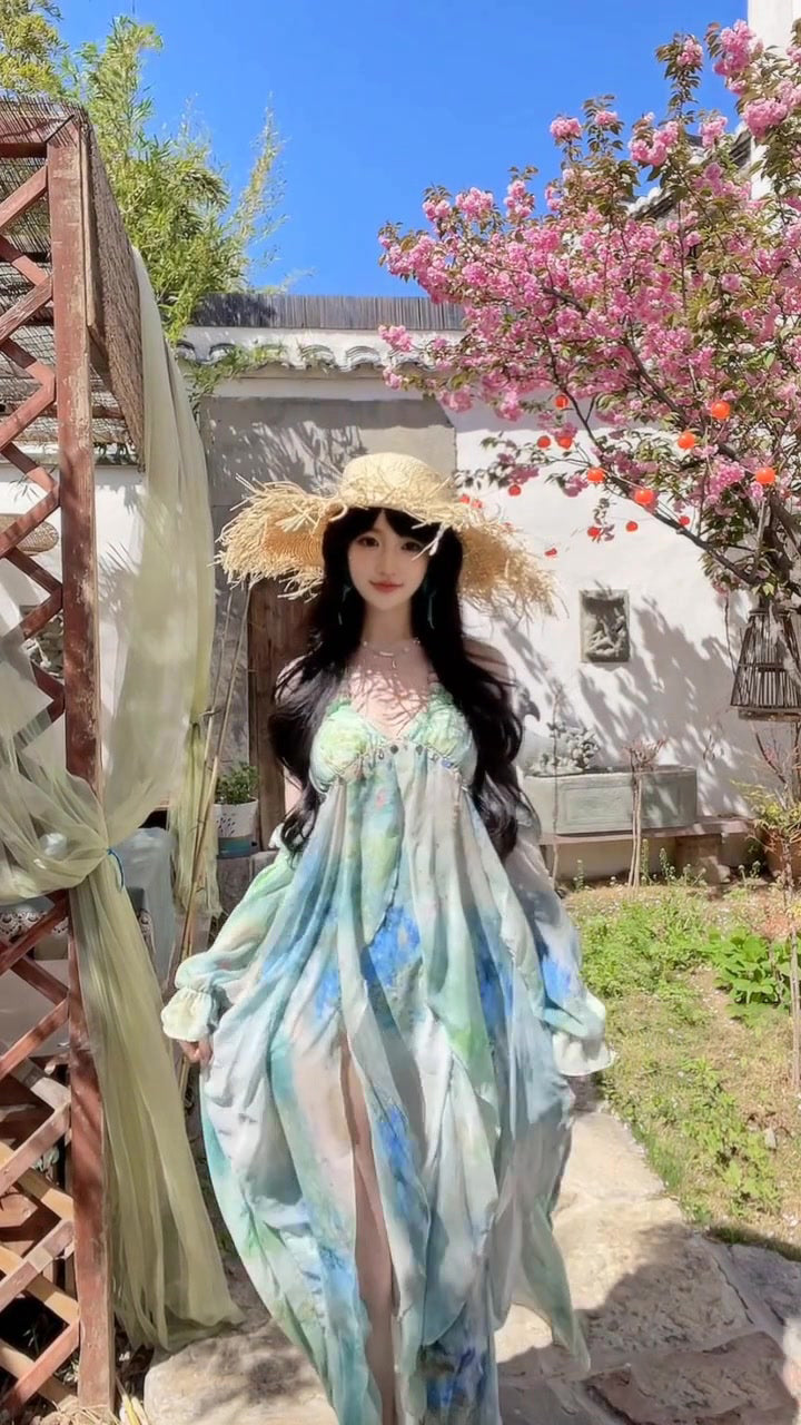 Blooming floral halter dress holiday style beautiful dress R0716