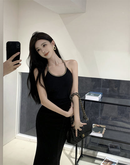 Black slim waist halter dress sexy backless holiday hip-hugging slit inner long skirt R1445