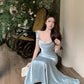 Dress satin 2025 ruffled holiday fishtail pure desire banquet sling long dress R1446