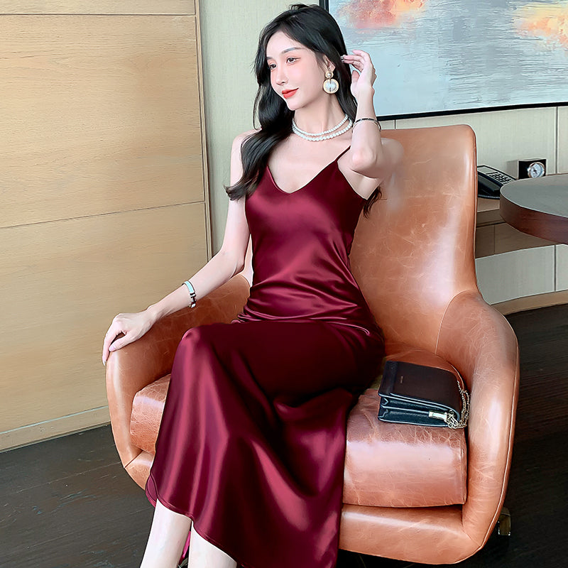 High-grade drape silk satin V-neck suspender dress mid-length temperament skirt R0997
