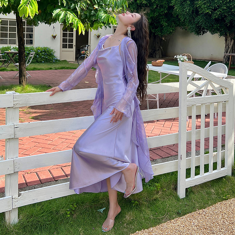 Satin dress with a swaying collar, high-end niche sexy suspender dress, purple inner long skirt R0998