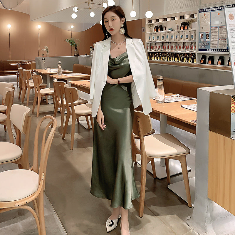 Green acetate satin silk suspender dress women's medium length 2025 new long skirt R1006