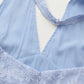 French style fairy blue jacquard halter neck backless suspender dress with slim waist and V-neck dress R3101