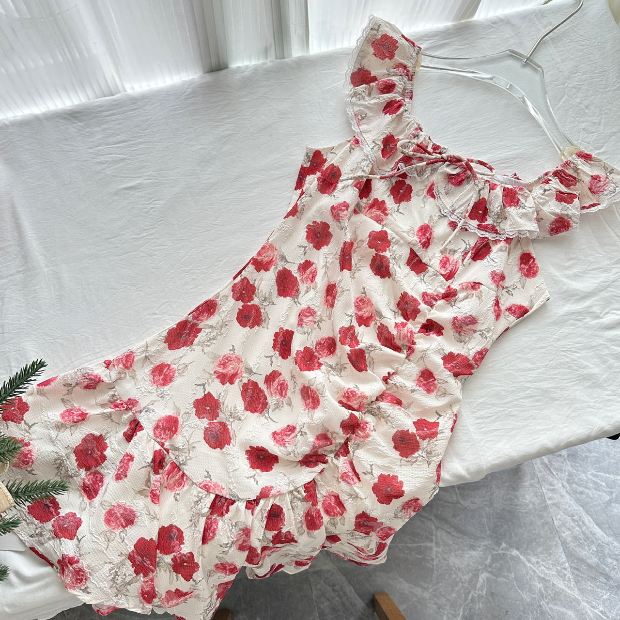 Holiday white retro red floral dress waist summer small flying sleeves dress R2174