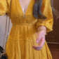 Yellow v-neck dress new style seaside holiday temperament waist a-line skirt R0678