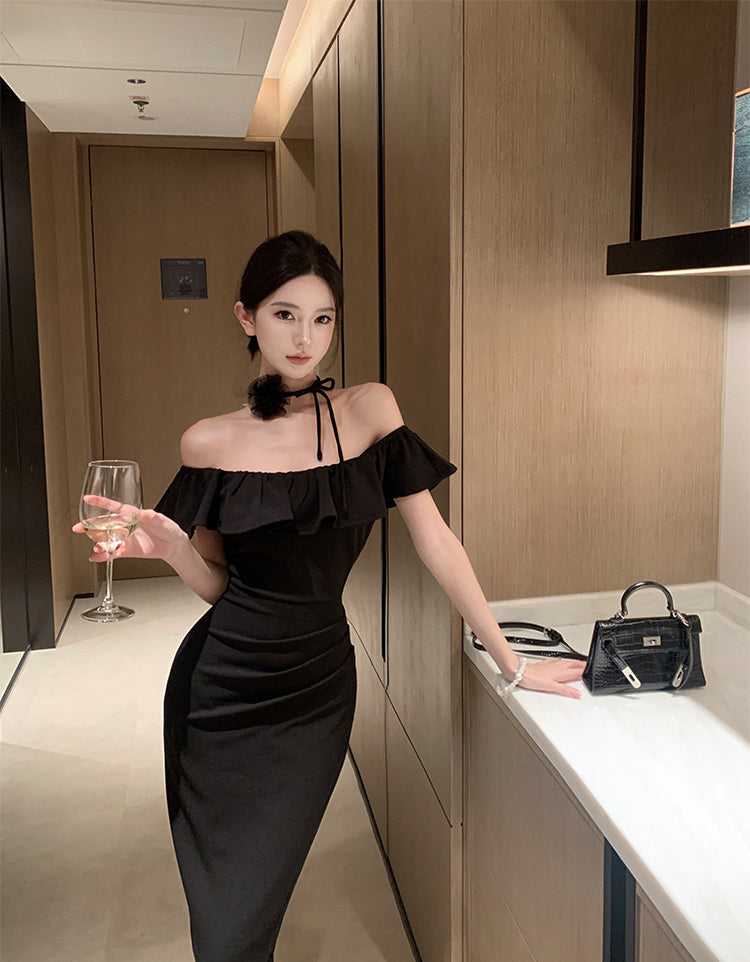 Hepburn style French sexy black one-shoulder dress slim fit temperament hip long skirt R1820