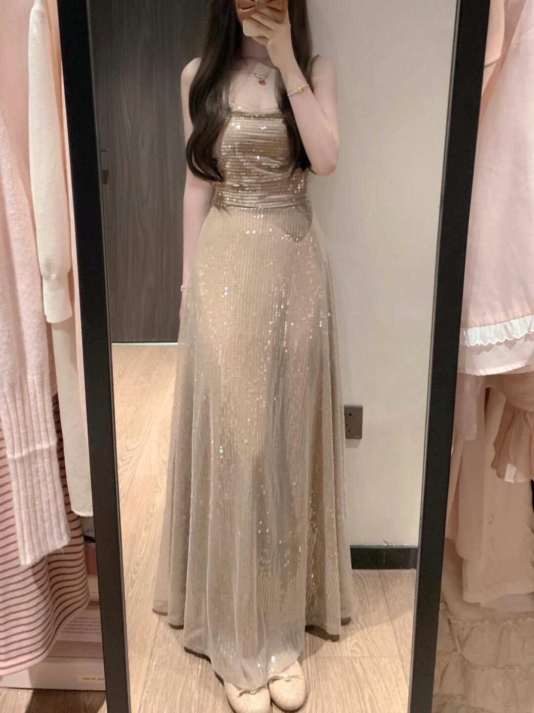 Sequined suspender dress 2025 new style small dress niche temperament long dress R0732