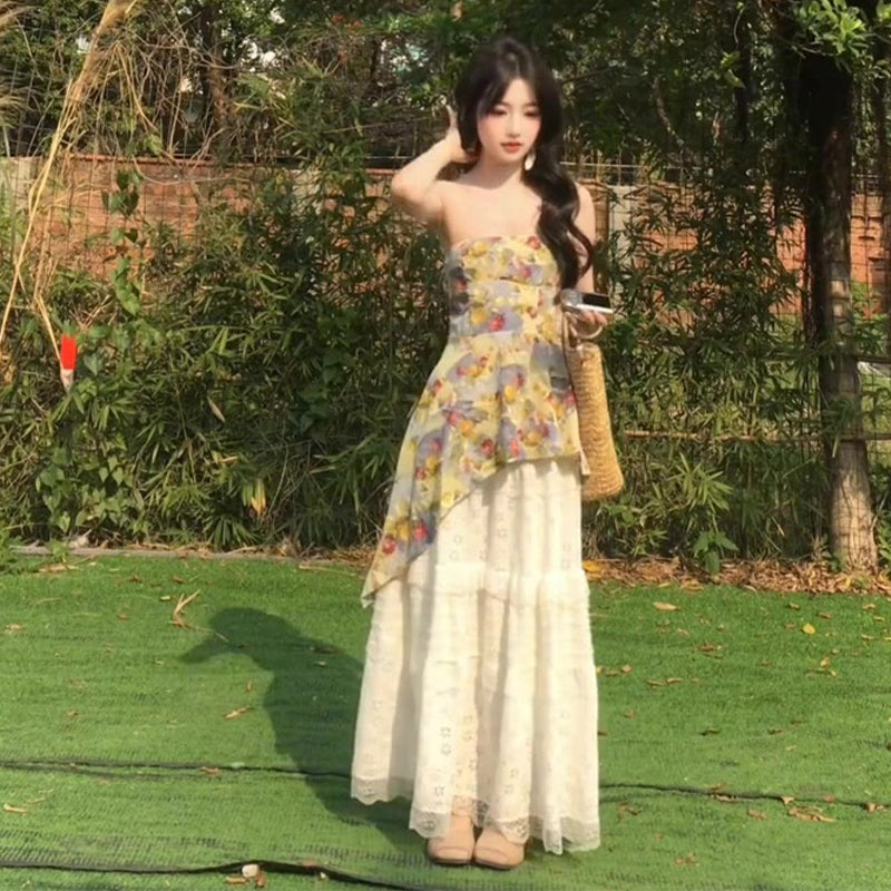 Casual lazy style gentle temperament floral camisole skirt two-piece set R0874