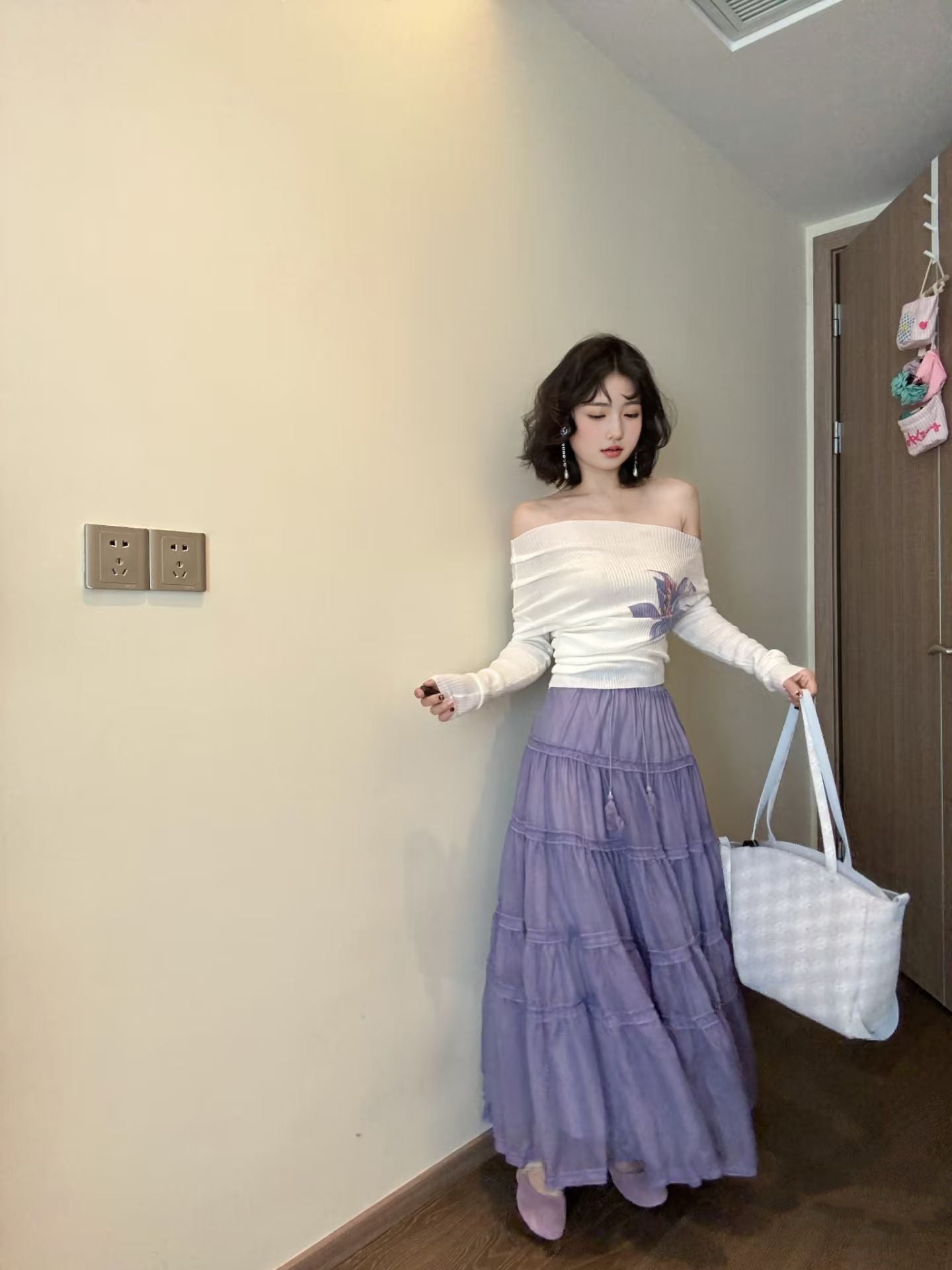 Elegant and gentle temperament one-shoulder long-sleeved top a-line skirt two-piece suit skirt R0875