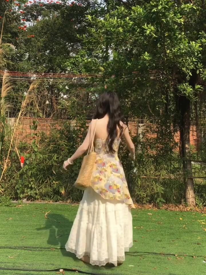 Casual lazy style gentle temperament floral camisole skirt two-piece set R0874