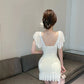 Ruffled tassel mesh dress pure and sweet high waist backless slim fit pleated hip skirt R3716