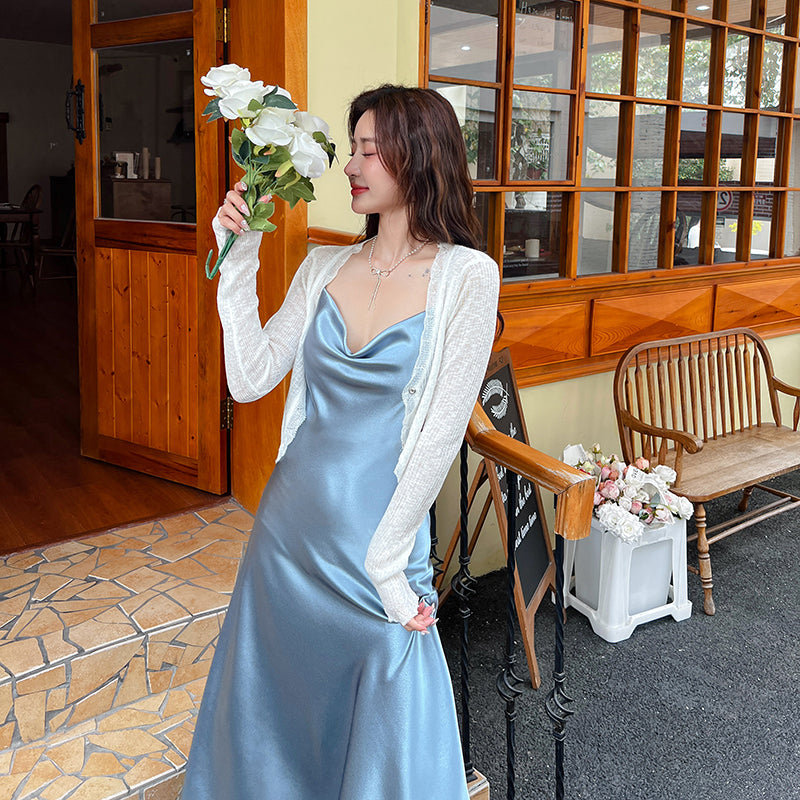 High-grade silk suspender dress for women, medium-length satin slim-fitting maxi dress R0981