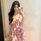 Tea break French v-neck floral suspender dress gentle temperament waist slit skirt R0619