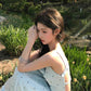Gentle temperament blue polka dot suspender dress beautiful waist A-line long skirt R0714
