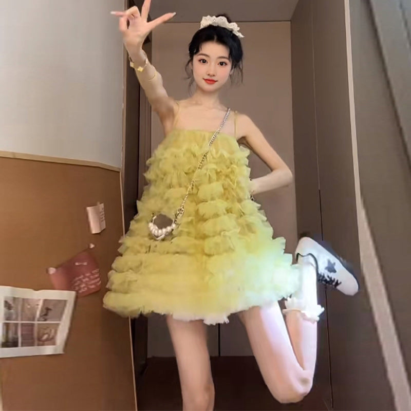 Yellow mesh suspender dress 2025 new gentle sweet style a-line short skirt R0807