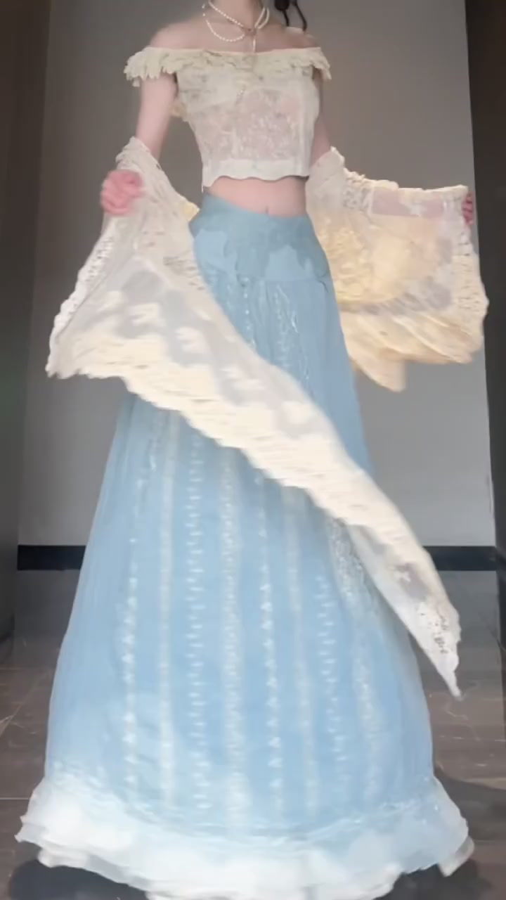 Gentle temperament white one-shoulder top a-line skirt two-piece set R0808