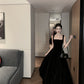 French square neck velvet suspender dress waist temperament dress black long skirt R1423