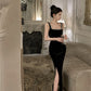 Black square neck suspender dress slim fit slit Hepburn style velvet hip dress R1424
