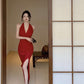 Hong Kong style retro wine red sleeveless backless slit halter neck dress beach dress R1426