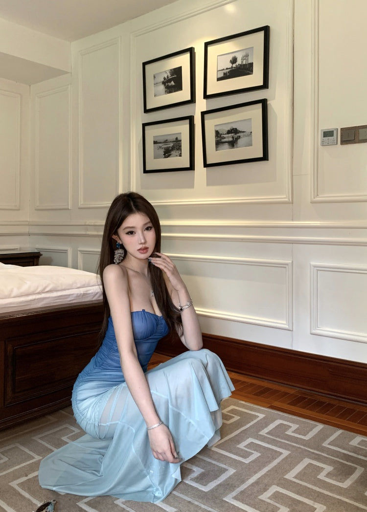 Blue gradient tube top dress 2025 new waist slim fit hip skirt R0563